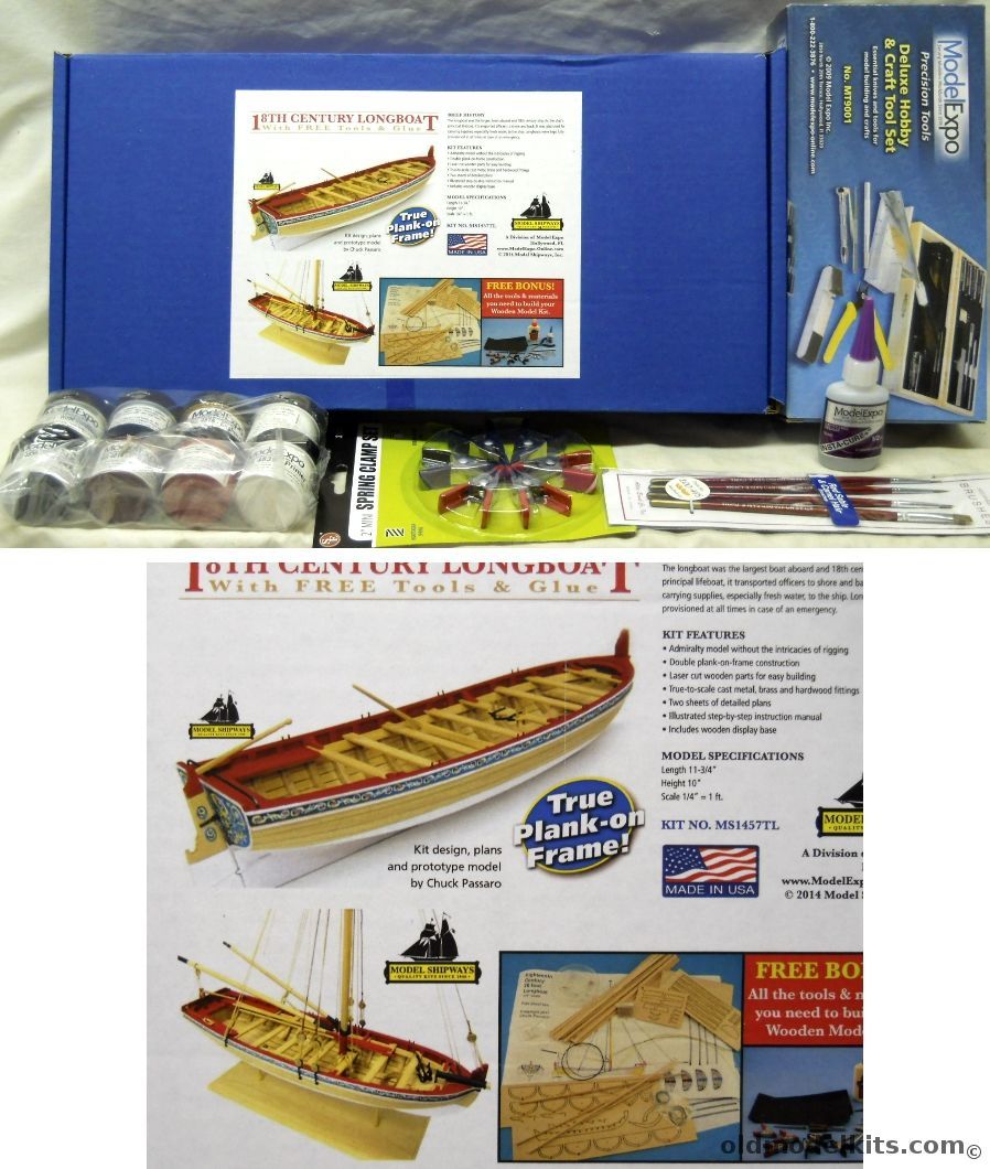 Model Shipways 1/48 18th Century Longboat With Large Paint Set (8) / Deluxe Tool Kit  / Clamps / Four Red Sable and Camel Hair Paint Brushes / CA Glue - Plank-On-Frame Ship, MS1457TL plastic model kit